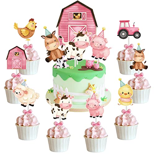 Rosa Bauernhof Tier Kuchen Dekoration Bauernhof Tier Geburtstag Kuchen Topper Bauernhof Tier Thema Party Tier Cupcake Topper Kuh Kuchen Dekoration für Bauernhof Tier Baby Dusche Geburtstag Party von Kreatwow