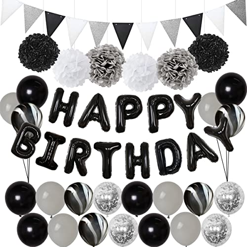 Schwarz Silber Geburtstag Dekorationen Männer Frauen Schwarz Weiß Marmor Konfetti Luftballons Kit Happy Birthday Banner Girlande Seidenpapier Pom Poms für 16. 18. 21. 30. 40. Geburtstag Partyzubehör von Kreatwow