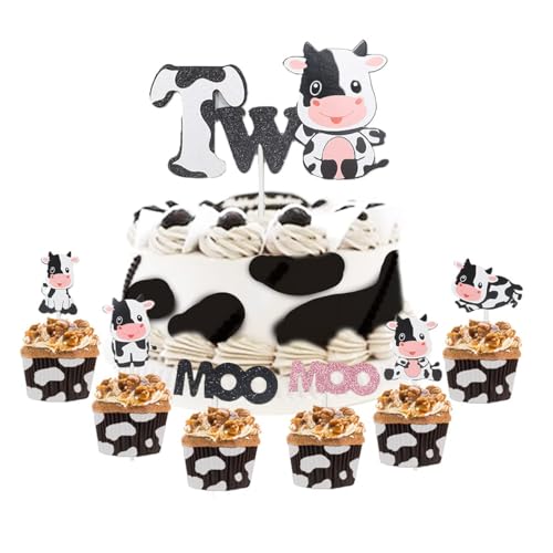 Cow 2nd Birthday Cake Topper - Barnyard Cake Decorations, Bauernhof Tier Cupcake Toppers für zwei Jahre alte Jungen Mädchen Geburtstag Party Supplies 25Pcs mit Muh und Milch Kuh Zeichen von Kreatwow
