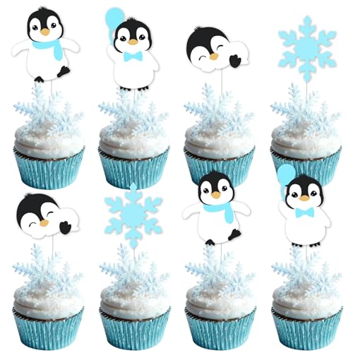 Winter-Pinguin-Party-Dekoration, 24 Stück, Pinguin-Kuchenaufsätze, blaue Pinguin-Geburtstagsparty-Dekorationen, Pinguin-Babyparty-Dekorationen, Winter-Onederland-Zubehör, arktische Tiere von Kreatwow