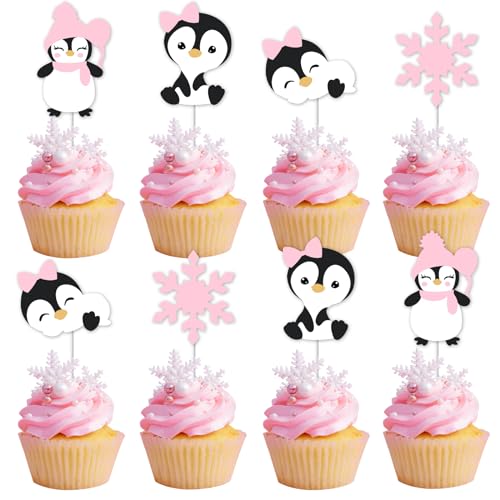 Winter-Pinguin-Partydekoration für Mädchen, 24 Stück Pinguin-Kuchenaufsätze, rosa Pinguin-Geburtstagsdekorationen, Pinguin-Babyparty-Dekoration, Winter-Onederland-Zubehör, arktisches von Kreatwow