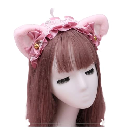 Gothic Lolita Kopfschmuck Spitze Katzenohr Cosplay Stirnbänder Haarband Haarschmuck Kopfbedeckung Halloween Party (pink, M) von Kreeqe