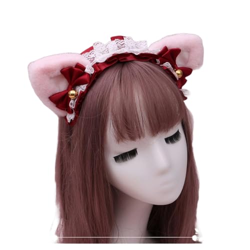 Gothic Lolita Kopfschmuck Spitze Katzenohr Cosplay Stirnbänder Haarband Haarschmuck Kopfbedeckung Halloween Party (pink-burgundy, M) von Kreeqe