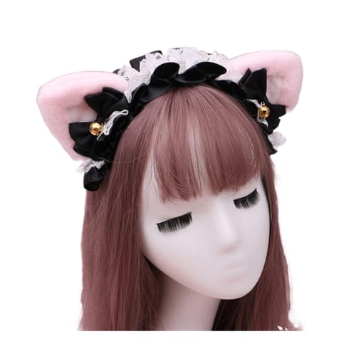 Gothic Lolita Kopfschmuck Spitze Katzenohr Cosplay Stirnbänder Haarband Haarschmuck Kopfbedeckung Halloween Party (pink-schwarz, M) von Kreeqe