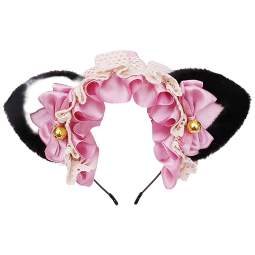Gothic Lolita Kopfschmuck Spitze Katzenohr Cosplay Stirnbänder Haarband Haarschmuck Kopfbedeckung Halloween Party (schwarz-pink, M) von Kreeqe