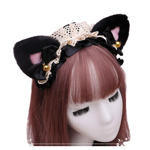Gothic Lolita Kopfschmuck Spitze Katzenohr Cosplay Stirnbänder Haarband Haarschmuck Kopfbedeckung Halloween Party (schwarz-pink-B, M) von Kreeqe