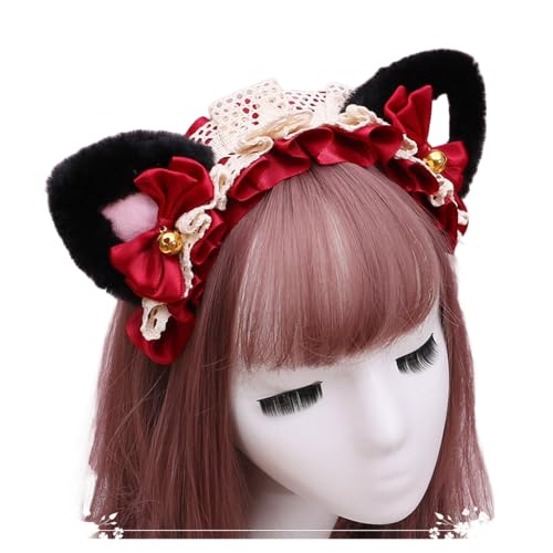 Gothic Lolita Kopfschmuck Spitze Katzenohr Cosplay Stirnbänder Haarband Haarschmuck Kopfbedeckung Halloween Party (schwarz-pink-C,M) von Kreeqe