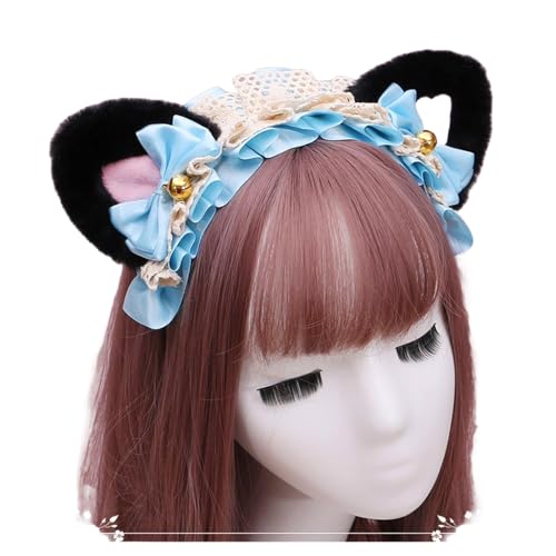 Gothic Lolita Kopfschmuck Spitze Katzenohr Cosplay Stirnbänder Haarband Haarschmuck Kopfbedeckung Halloween Party (schwarz-pink-D, M) von Kreeqe