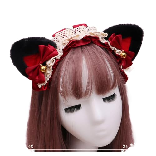 Gothic Lolita Kopfschmuck Spitze Katzenohr Cosplay Stirnbänder Haarband Haarschmuck Kopfbedeckung Halloween Party (schwarz-rot, M) von Kreeqe