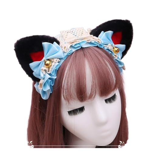Gothic Lolita Kopfschmuck Spitze Katzenohr Cosplay Stirnbänder Haarband Haarschmuck Kopfbedeckung Halloween Party (schwarz-rot-C, M) von Kreeqe