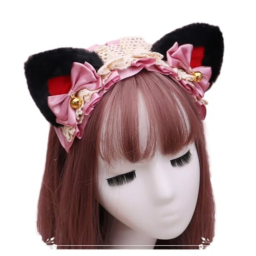 Gothic Lolita Kopfschmuck Spitze Katzenohr Cosplay Stirnbänder Haarband Haarschmuck Kopfbedeckung Halloween Party (schwarz-rot-D, M) von Kreeqe