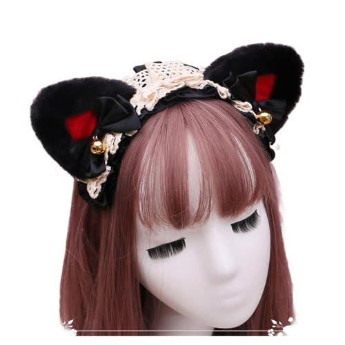 Gothic Lolita Kopfschmuck Spitze Katzenohr Cosplay Stirnbänder Haarband Haarschmuck Kopfbedeckung Halloween Party (schwarz-rot-schwarz, M) von Kreeqe