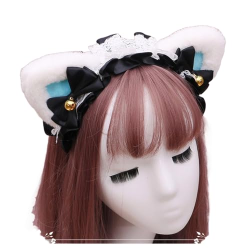 Gothic Lolita Kopfschmuck Spitze Katzenohr Cosplay Stirnbänder Haarband Haarschmuck Kopfbedeckung Halloween Party (weiß-blau-B, M) von Kreeqe
