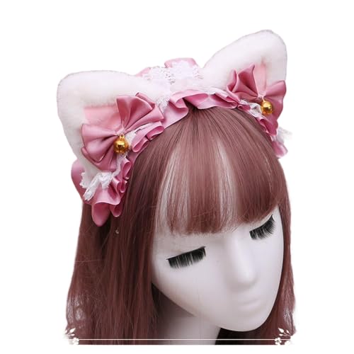 Gothic Lolita Kopfschmuck Spitze Katzenohr Cosplay Stirnbänder Haarband Haarschmuck Kopfbedeckung Halloween Party (weiß-pink, M) von Kreeqe