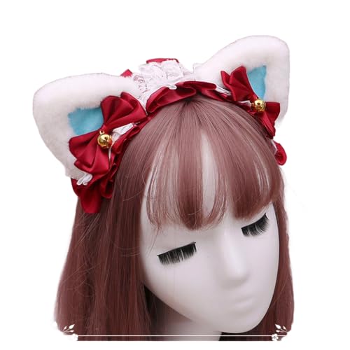 Gothic Lolita Kopfschmuck Spitze Katzenohr Cosplay Stirnbänder Haarband Haarschmuck Kopfbedeckung Halloween Party (weiß-pink-B, M) von Kreeqe