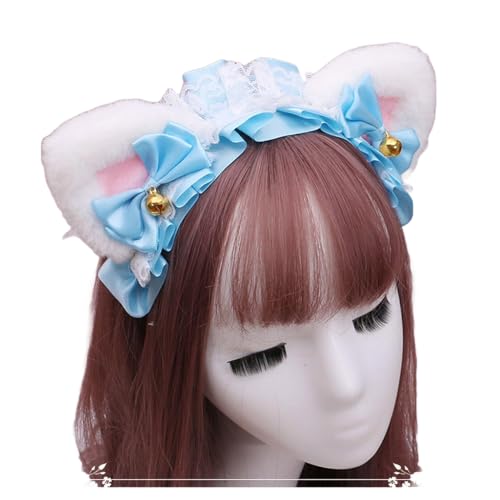Gothic Lolita Kopfschmuck Spitze Katzenohr Cosplay Stirnbänder Haarband Haarschmuck Kopfbedeckung Halloween Party (weiß-pink-C,M) von Kreeqe