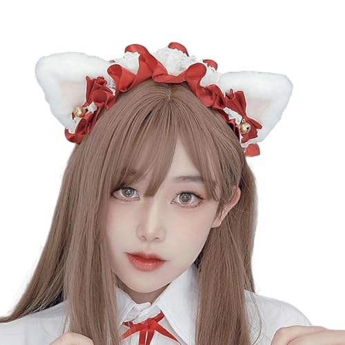 Gothic Lolita Kopfschmuck Spitze Katzenohr Cosplay Stirnbänder Haarband Haarschmuck Kopfbedeckung Halloween Party (weiß-rosa-burgund, M) von Kreeqe
