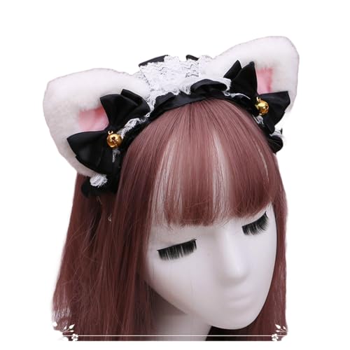 Gothic Lolita Kopfschmuck Spitze Katzenohr Cosplay Stirnbänder Haarband Haarschmuck Kopfbedeckung Halloween Party (weiß-rosa-schwarz, M) von Kreeqe