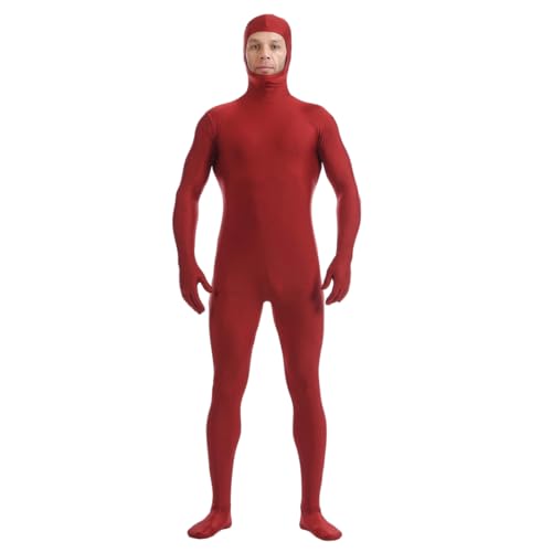 Kapuze Spandex Open Face Bodysuit Kostüm Erwachsene Dehnbar Halloween Cosplay Bodysuit Zentai Anzug Outfits (Weinrot, M) von Kreeqe