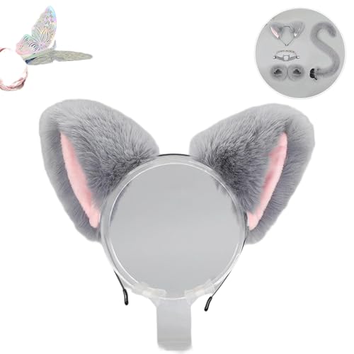 Katzenkostüme, Katzenohrenschwanz-Coaplay-Fuchs, Kostüme für Frauen, Halloween-Kostümzubehör für Erwachsene (Ohr-Grau-Pink, M) von Kreeqe