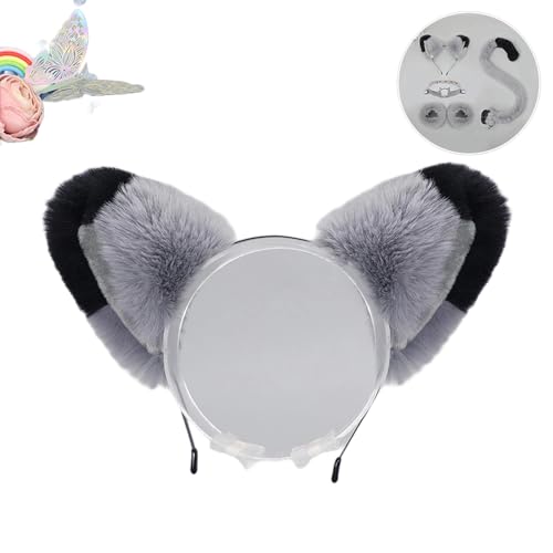 Katzenkostüme, Katzenohrenschwanz-Coaplay-Fuchs, Kostüme für Frauen, Halloween-Kostümzubehör für Erwachsene (Ohr-Grauschwarz, M) von Kreeqe