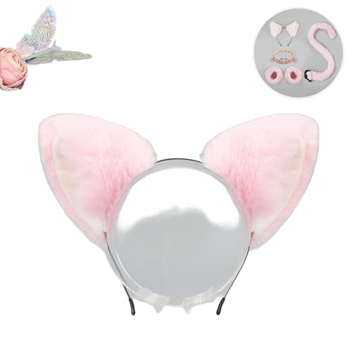 Katzenkostüme, Katzenohrenschwanz-Coaplay-Fuchs, Kostüme für Frauen, Halloween-Kostümzubehör für Erwachsene (Ohr-Pink-B, M) von Kreeqe