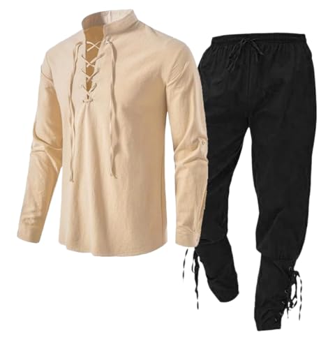 Kreeqe 2-teiliges Halloween-Kostümset für Herren, Renaissance, mittelalterlich, Retro-Ritter, Piratenhemden und -hosen für Cosplay, Piratenparty (Beige-Schwarz, L) von Kreeqe