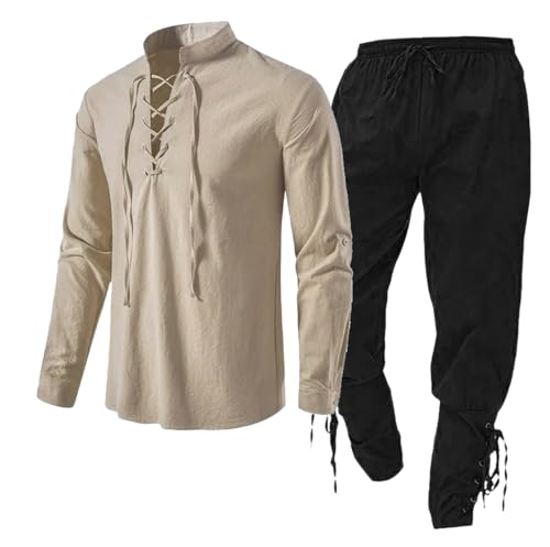 Kreeqe 2-teiliges Halloween-Kostümset für Herren, Renaissance, mittelalterlich, Retro-Ritter, Piratenhemden und -hosen für Cosplay, Piratenparty (Khaki-Schwarz, L) von Kreeqe
