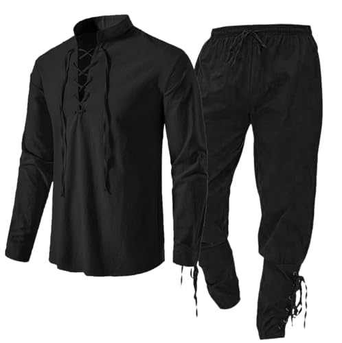 Kreeqe 2-teiliges Halloween-Kostümset für Herren, Renaissance, mittelalterlich, Retro-Ritter, Piratenhemden und -hosen für Cosplay, Piratenparty (Schwarz-Schwarz, 2XL) von Kreeqe
