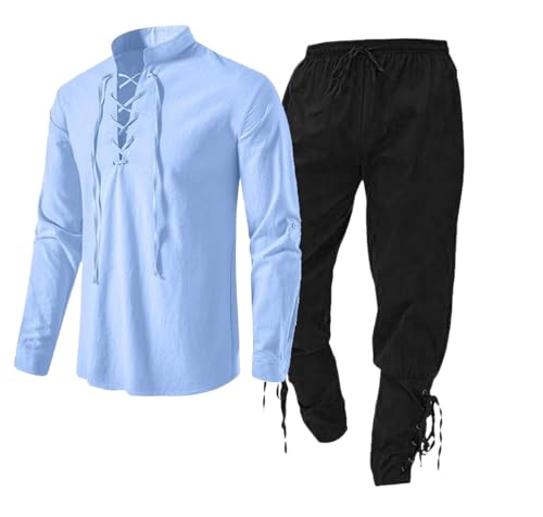 Kreeqe 2-teiliges Halloween-Kostümset für Herren, Renaissance, mittelalterliches Retro-Ritter-Piratenhemd und -hose für Cosplay-Piratenparty (Himmelblau-Schwarz, XL) von Kreeqe