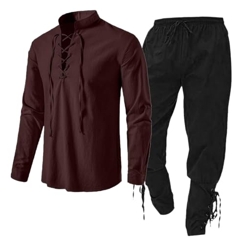Kreeqe 2-teiliges Halloween-Kostümset für Herren, Renaissance, mittelalterliches Retro-Ritter-Piratenhemd und -hose für Cosplay-Piratenparty (Kaffeeschwarz, L) von Kreeqe