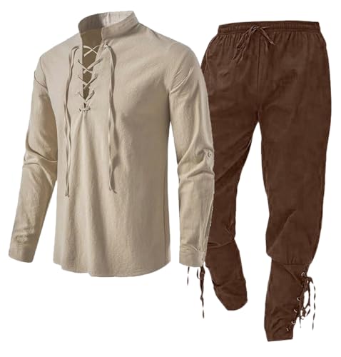 Kreeqe 2-teiliges Halloween-Renaissance-Kostümset für Herren, mittelalterliche Retro-Ritter-Piratenhemden und -hosen für Cosplay-Piratenparty (Khaki-Kaffee, L) von Kreeqe