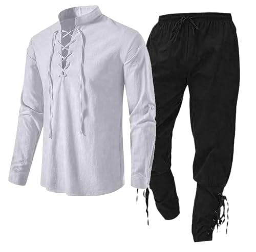 Kreeqe 2-teiliges Halloween-Renaissance-Kostümset für Herren, mittelalterliche Retro-Ritter-Piratenhemden und -hosen für Cosplay-Piratenparty (Weiß-Schwarz, M) von Kreeqe