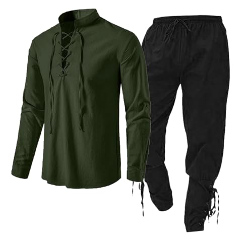 Kreeqe 2-teiliges Halloween-Renaissance-Kostümset für Herren, mittelalterliches Retro-Ritter-Piratenhemd und -hose für Cosplay-Piratenparty (Armeegrün-Schwarz, M) von Kreeqe