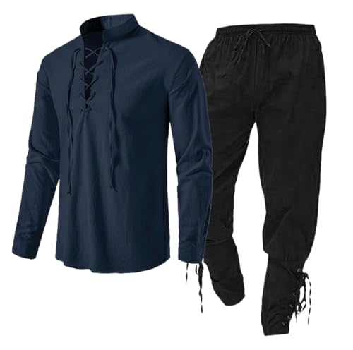 Kreeqe 2-teiliges Halloween-Renaissance-Kostümset für Herren, mittelalterliches Retro-Ritter-Piratenhemd und -hose für Cosplay-Piratenparty (Marineblau-Schwarz, XL) von Kreeqe