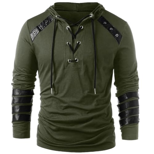 Kreeqe Herren Gothic Steampunk Hemd Mittelalter Viktorianisch Retro Schnürpullover Langarm Kapuzenpullover (Armeegrün, XXL) von Kreeqe
