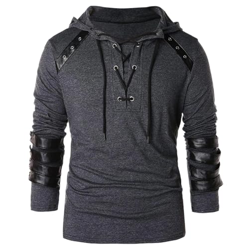 Kreeqe Herren Gothic Steampunk Hemd Mittelalter Viktorianisch Retro Schnürpullover Langarm Kapuzenpullover (grau, M) von Kreeqe