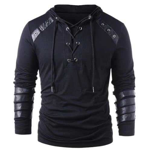 Kreeqe Herren Gothic Steampunk Hemd Mittelalter Viktorianisch Retro Schnürpullover Langarm Kapuzenpullover (schwarz, XXL) von Kreeqe