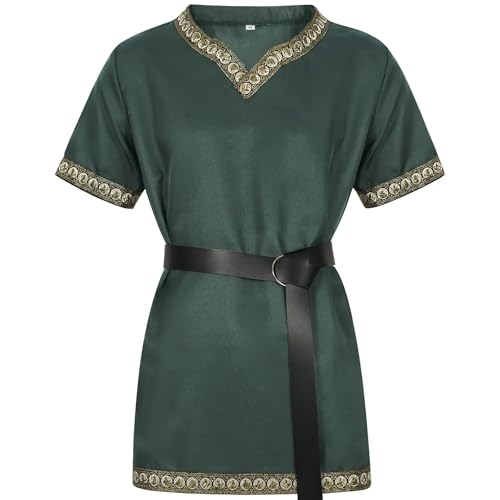 Kreeqe Mittelalter-Kostümhemden für Herren, Renaissance, Vintage-Tunika, Ritter, Pirat, Halloween, Cosplay, ohne Gürtel (Armeegrün, M) von Kreeqe