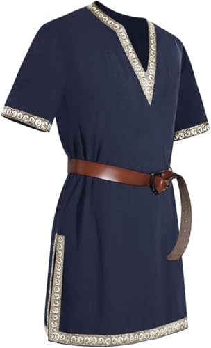 Kreeqe Mittelalter-Kostümhemden für Herren, Renaissance, Vintage-Tunika, Ritter, Pirat, Halloween, Cosplay, ohne Gürtel (dunkelblau, XXL) von Kreeqe