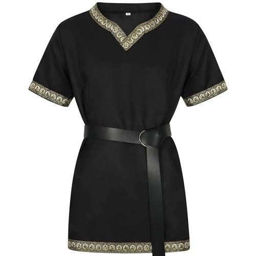 Kreeqe Mittelalter-Kostümhemden für Herren, Renaissance, Vintage-Tunika, Ritter, Pirat, Halloween, Cosplay, ohne Gürtel (schwarz, XXL) von Kreeqe