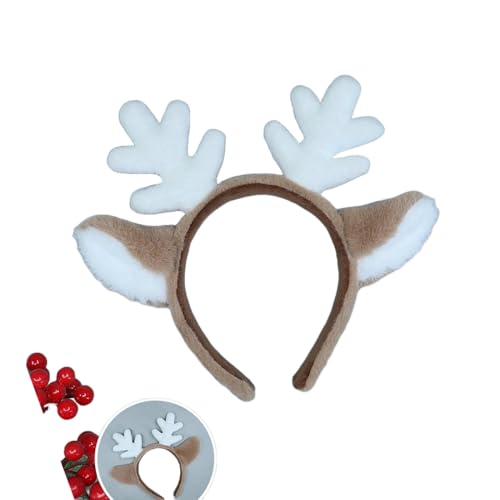 Kreeqe Rentiergeweih-Stirnband, flauschige Hirschohren, Haarband, Partyausflüge, Cosplay-Kostüm, Weihnachten, Halloween (braun-weiß, M) von Kreeqe