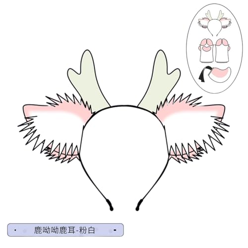 Kreeqe Schönes pelziges Rentier-Stirnband, Cosplay, Hirschhaar-Accessoires, pelzige Artiodactyl-Krallen, Hirschschwanz (Hirschohren.-Pink-, M) von Kreeqe