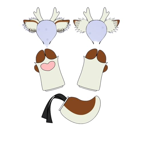 Schönes pelziges Rentier-Stirnband, Cosplay, Hirschhaar-Accessoires, pelziger Artiodactylus, Krallen, Hirschschwanz (Beige-Braun-Set, M) von Kreeqe