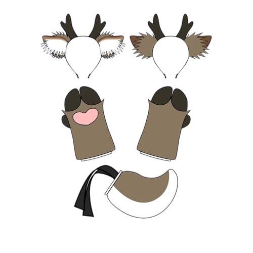 Schönes pelziges Rentier-Stirnband, Cosplay, Hirschhaar-Accessoires, pelziger Artiodactylus, Krallen, Hirschschwanz (Khaki-Set, M) von Kreeqe