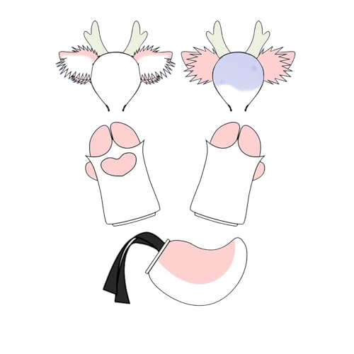 Schönes pelziges Rentier-Stirnband, Cosplay, Hirschhaar-Accessoires, pelziger Artiodactylus, Krallen, Hirschschwanz (Pink-Set, M) von Kreeqe
