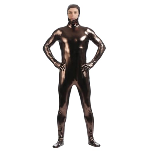 Unisex Metallic-Bodysuit Zentai mit Kapuze, glänzender einteiliger Spandex-Bodysuit für Erwachsene, Halloween-Kostüm (braun, 3XL) von Kreeqe