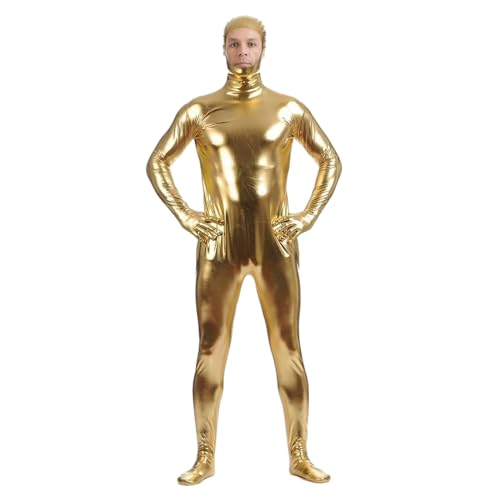 Unisex Metallic-Bodysuit Zentai mit Kapuze, glänzender einteiliger Spandex-Bodysuit für Erwachsene, Halloween-Kostüm (golden, M) von Kreeqe