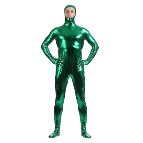 Unisex Metallic-Bodysuit Zentai mit Kapuze Glänzender einteiliger Spandex-Bodysuit für Erwachsene, Halloween-Kostüm (grün, XL) von Kreeqe