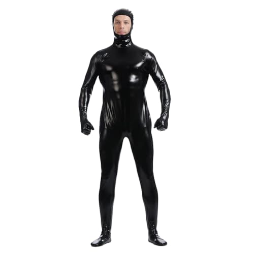 Unisex Metallic-Bodysuit Zentai mit Kapuze Glänzender einteiliger Spandex-Bodysuit für Erwachsene, Halloween-Kostüm (schwarz, M) von Kreeqe